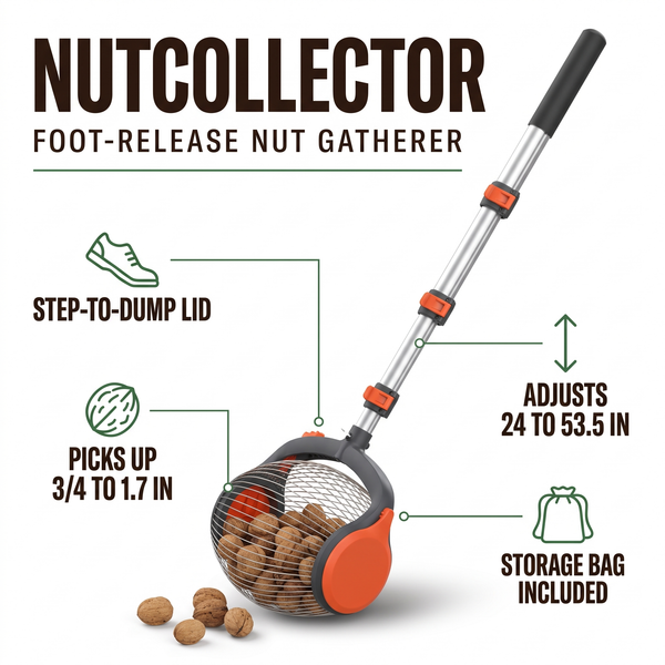 NutCollector foot-release nut gatherer with its features labeled